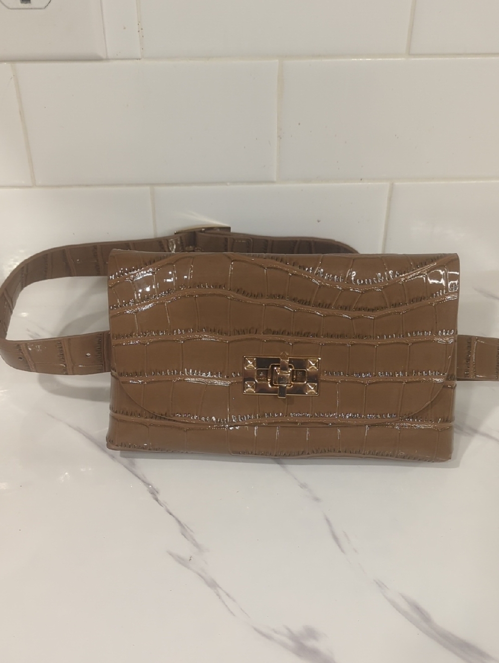 Croc-Effect Patent Leather Belt Bag in Beige